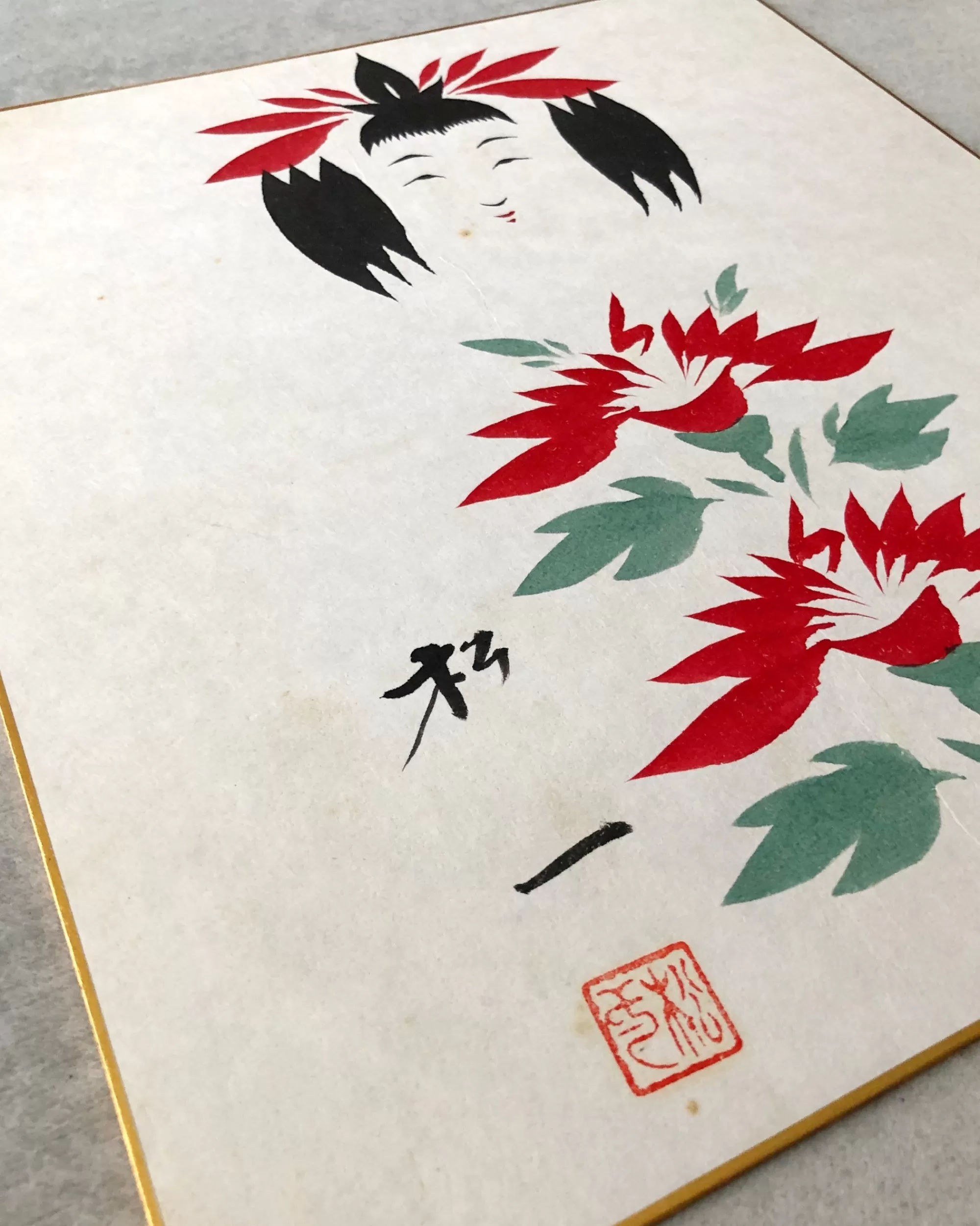 Clearance the maker Vintage Shikishi Kokeshi Painting